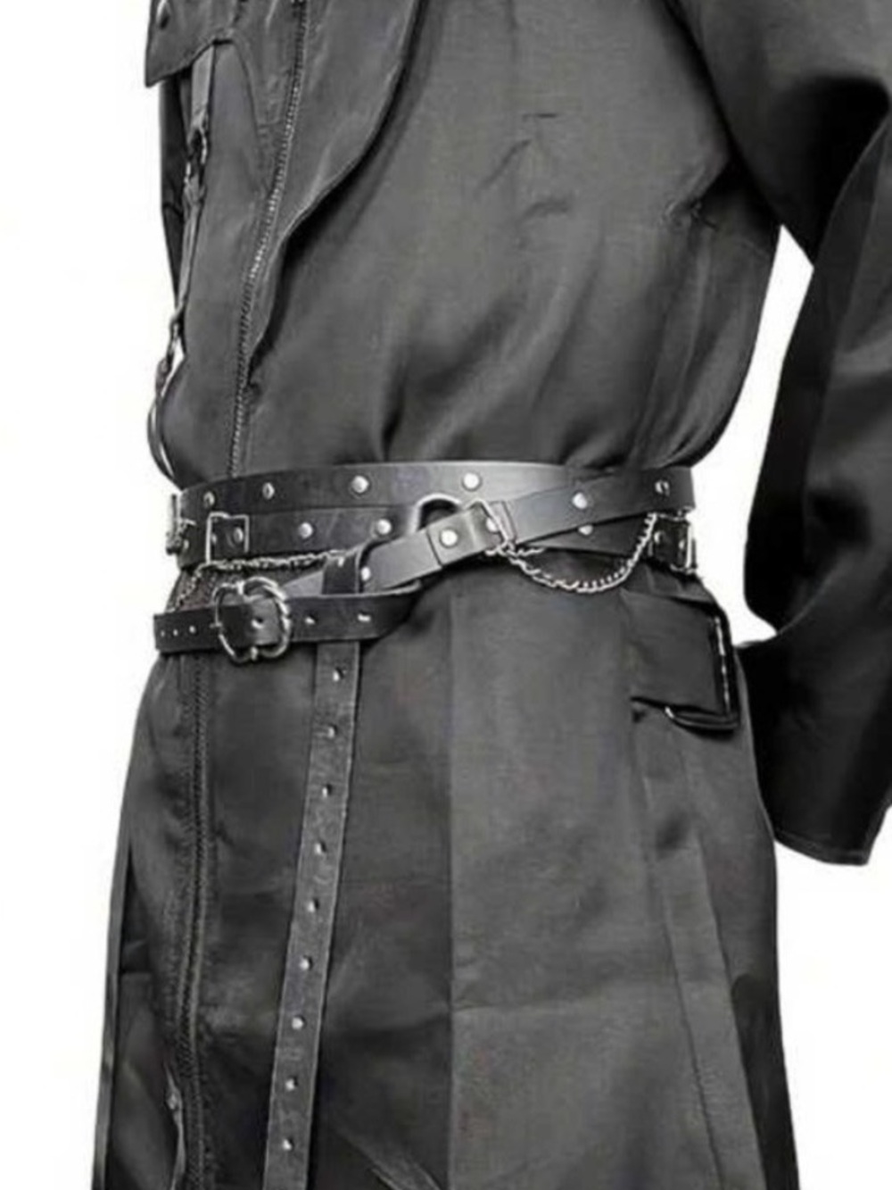 Black Leather Triple Wrap Waist Belt with Decorative Chains UNISEX